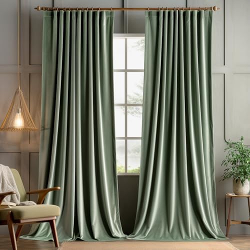 MIULEE Sage Green Velvet Pinch Pleat Blackout Curtains W52 X L84 Inches