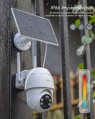 COOAU 2k Camara Vigilancia WiFi Exterior Solar con Batería Recargable, Camara Vigilancia Domicilio WiFi PTZ con Visión Nocturna en Color, Detección de Movimiento PIR, Sirena, IP66 Blanco