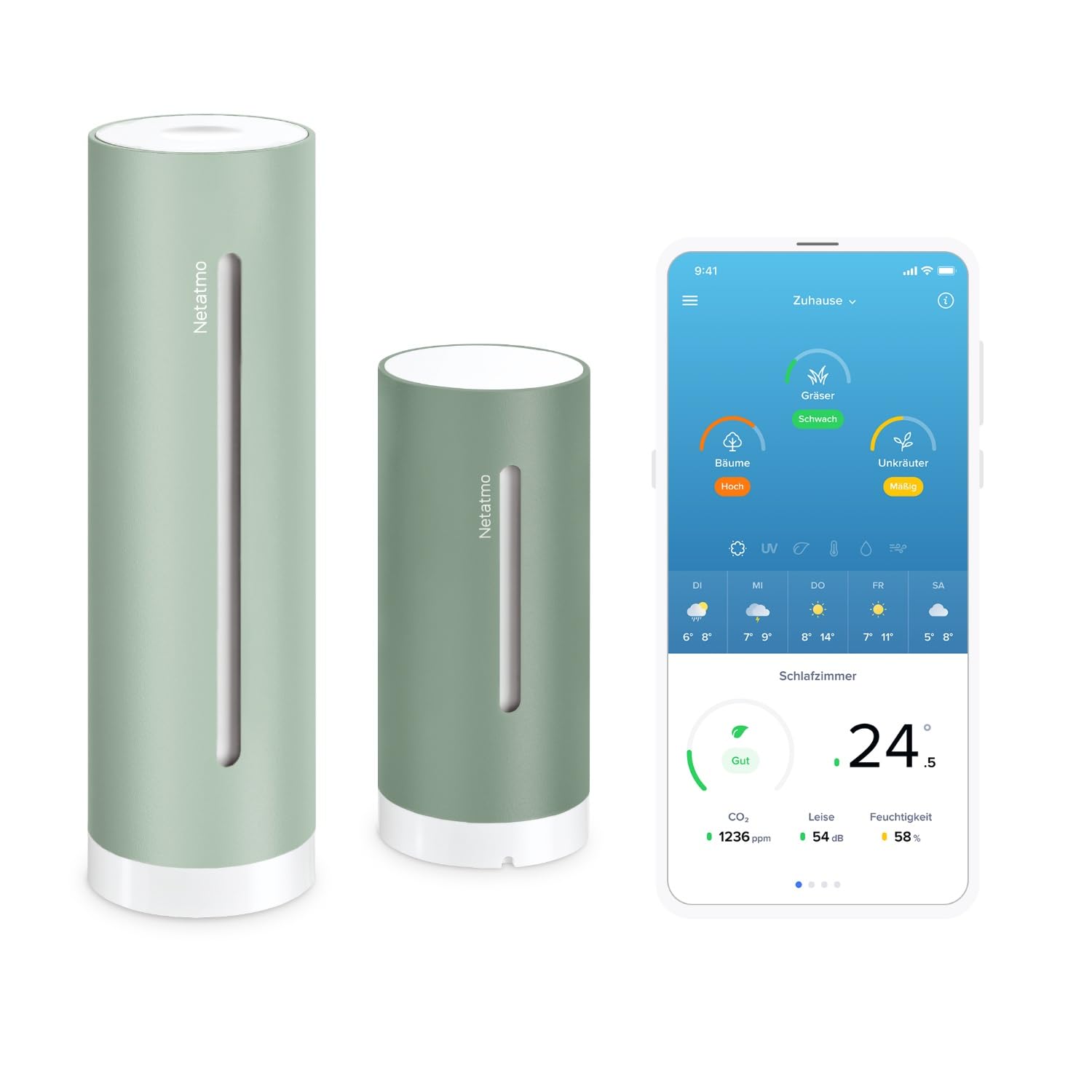 Netatmo Smarte Wetterstation ORIGINAL 2. Gen Mint – WLAN Innen & Außensensor, Temperatur, Luftfeuchtigkeit, Luftqualität, Pollenflug (Baumpollen), UV-Index, Apple, Alexa, Apple Home, Google
