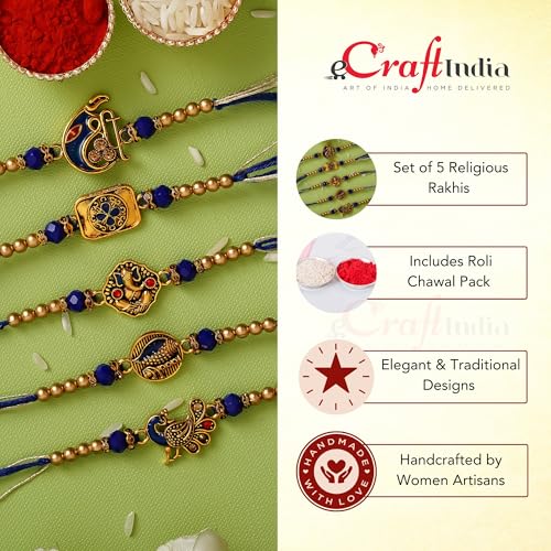 Image of eCraftIndia Set of 5 Blue & Golden Religious Designer Rakhis for Brother Bhabhi Bhaiya Bhai Kids