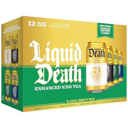 Liquid Death Iced Tea - Classic Variety, Less Sugar*, Boost of Caffeine, B Vitamins, No Artificial Sweeteners, 4 Flavors: Tea/Lemonade, Unsweet Reaper, Sweet Reaper, Green Guillotine, 12 Fl Oz (Pack of 12)