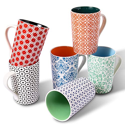 Weunum Coffee Mugs, Set Of 6,Modern Colorful 14 Oz Cute Porcelain Mugs/Cups With Large Handle,For Tea,Latte,Cappuccino,Milk,Cocoa, Coffee Cups For Women Men, Vibrant Colors #TOP3