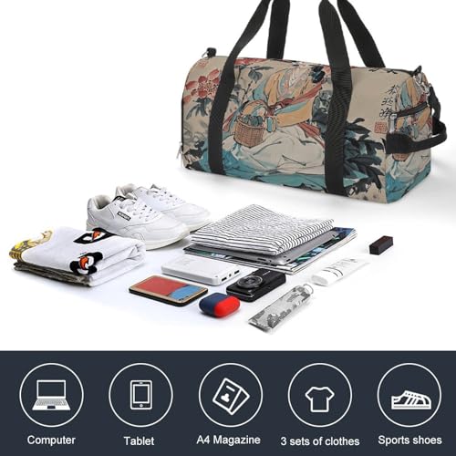Gym Bag for Men Women Travel Duffle Bag Chinese Painting Carry On Weekender Bag with Shoe Compartment4