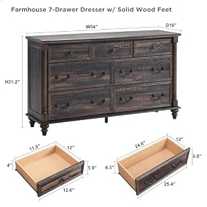 T4TREAM Farmhouse 7 Drawers Dresser Chests for Bedroom w 4 Solid Wood Feet Column Decor Tall Wide Wood Country Rustic Chest of Drawers Storage Dressers for Bedroom Living Room Dark Rustic Oak