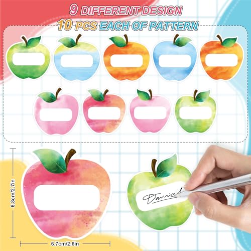Image of Whaline 90 Pcs Back to School Name Tag Stickers Watercolor Apples Shape Nameplates Colored Self-Adhesive Label Decals for Students Desk Classroom Decoration, 9 Designs