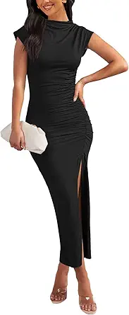 MEROKEETY Women's Cap Sleeve Mock Neck Midi Dress High Slit Bodycon Ruched Sexy Cocktail Party Dresses
