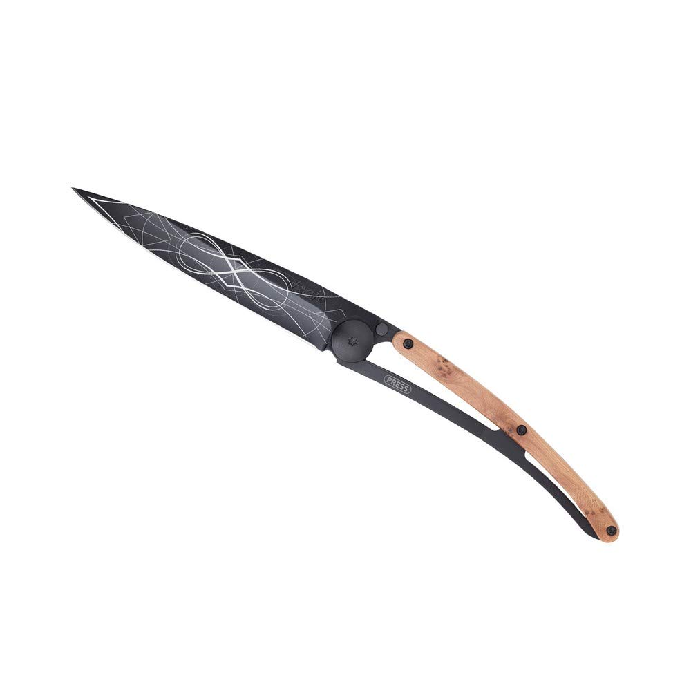 Deejo - Couteau de Poche Pliant 37g - Manche en Bois de Genévrier, Lame en Acier Inoxydable Z40C13 - Motif Infini - Couteau de Table, Randonnée, Camping, Bivouac