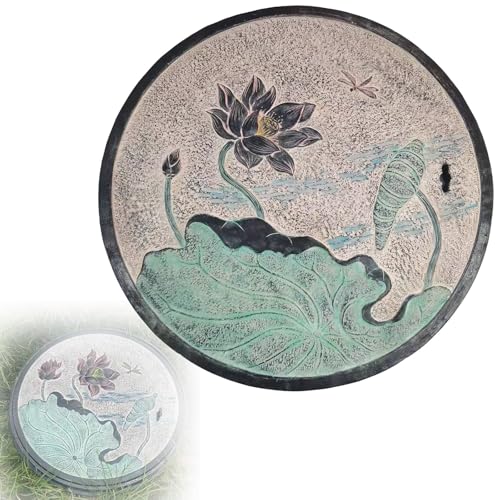 70cm マンホール蓋、雨水マス 蓋 庭の装飾用井戸蓋、汚水マス 蓋 屋外用飛び石、蓮の葉と蓮のレリーフ模様 砂岩素材