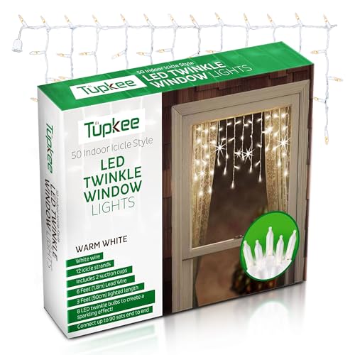 Christmas LED Twinkle Window Icicle Lights - 3 Feet (0.91 m) - 8 of 50 Bulbs Twinkle Random - 50 LED Warm White Bulbs - Indoor Outdoor - Twinkling Icicle Christmas Lights