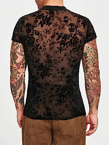 WDIRARA Men's Floral Print Mesh Sheer Stand Collar T Shirt Short Sleeve Slim Fit Tee Top2