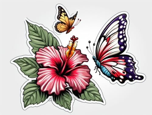 Image of Butterfly Hibiscus Flower Sticker 5 Inch - Tropical Floral Vinyl Decal, Waterproof Aesthetic Butterfly Flower Sticker for Laptop Water Bottle Car Bumper Notebook