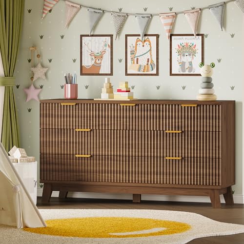 Image of BORNOON Fluted 7 Drawer Dresser, 47.2 inch Wide Modern Boho Chest of Drawers, Wooden Storage Dresser TV Stand for Bedroom, Living Room, Closet, Hallway, Curved Profile Design