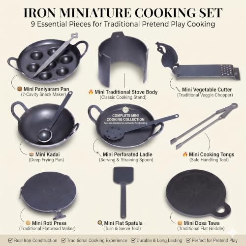 Image of Nakshathra Iron Miniature Kitchen Set for Kids, Tiny Cookware Toys for Real Cooking Set, Ideal for Creative Playing - Set of 12 (Black)