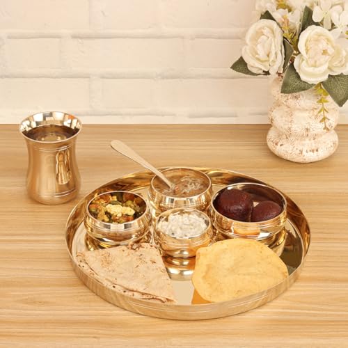 Image of The healing store 7-Piece Kansa Solid Dinner Set|Shine Finish|1 Plate (11.5 inch Thali),3 Bowls,1 Glass,1 Sweet Dish Plate,1 Spoon | Bronze Kansa Dinner Set 7 Shine Polish
