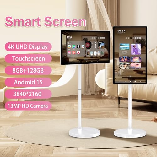 تلفزيون ذكي محمول بشاشة لمس 4K UHD مقاس 32 انش، اندرويد 15، شاشة 3840×2160، وحدة معالجة مركزية ثماني النواة، 8GB+128GB، للافلام واللياقة البدنية والترفيه المنزلي.