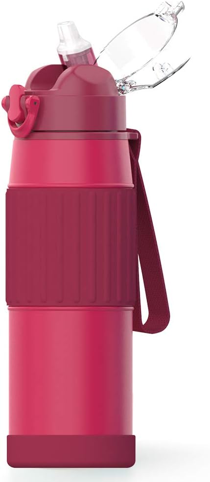 20 oz Insulated Water Bottle with Straw Lid, Durable Stainless Steel & Leak Proof One Click Open Soft Sipper & Protective Silicone Boot (Cherry)