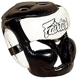 Fairtex HG13 Full Face Head Guard, Lace Up and Cover Equipment Headgear Muai Thai, Head Guard Thai Boxing, Helmet MMA, Headguards Kickboxing, Head Protection Headpiece (White-Black Cover, Large)