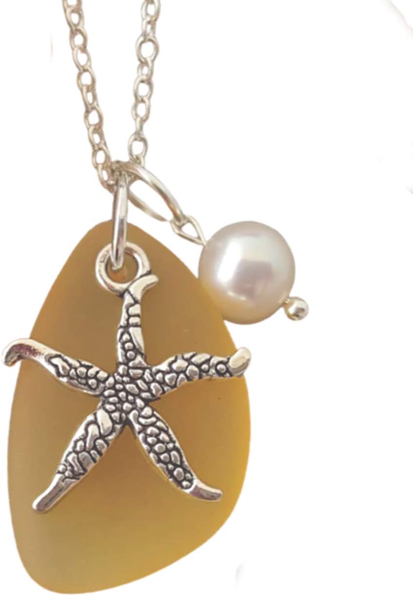 Handmade in Hawaii, Yellow Topaz "November Birthstone Color" sea glass necklace, Starfish Charm, Freshwater pearl, (Hawaii Gift Wrapped, Customizable Gift Message)