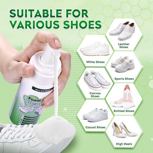 SEVENWELL Foam Shoe Cleaner Kit, 6.76 Oz White Shoe Cleaning with Brush and Towel, Sneaker Cleaning Kit Removes Dirt and Stain for White Shoes, Suede, Leather, Canvas, Knit, Boots, Fabric, PU