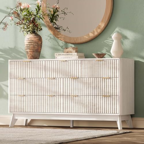 TROJM 54'' Wide 7 Drawers Dresser for Bedroom,Modern Fluted Vertical Chest with Rounded Corners,Fluted Dresser for Living Room,Hallway, White