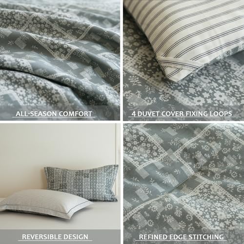 Solycoil Grey Patchwork Comforter Queen Size - 100% Cotton Striped Reversible Comforter Set, Soft and Breathable Bedding Set for All Season, 3 Pieces by Solycoil - Used condition - Image 4