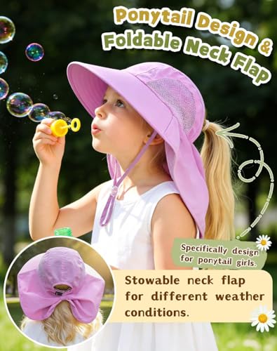 Image of Rosoz Kids Sun Hat with Neck Flap UV Protection Summer Toddler Beach Hat Unisex Ponytail Hat Wide Brim Fishing Hat