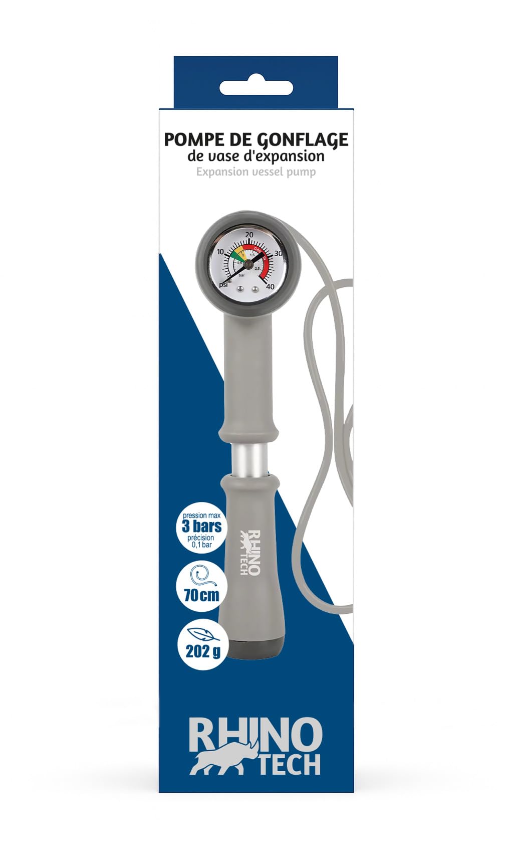Pompe Manuelle pour Vase d'Expansion RHINO TECH, Manomètre 3 Bar/40 PSI, Double Action, Tuyau Rallongé 70 cm