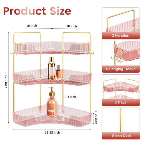 Image of Corner Bathroom Counter Organizer 3-Tier Bathroom Organizer Countertop with Hooks Perfume Organizers Storage Shelf for Makeup & Skincare Dresser-Pink