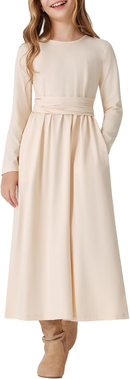 Girls Maxi Dress Long Sleeve Crossed Belt Dress with Pockets for Fall Winter Spring 6-12 Years