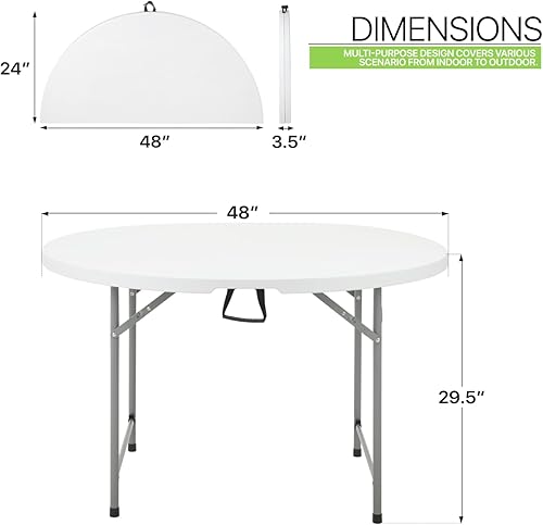 Miniatura 3 de Magshion Mesa plegable redonda de plástico con asa para interiores y exteriores, comedor, camping, picnic, fiesta, 4.5 pies, color blanco