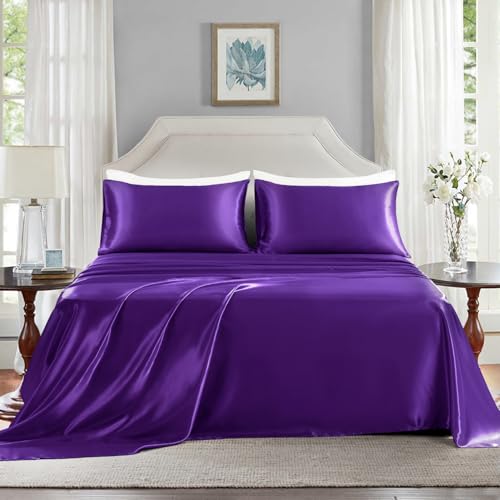 Parure de lit satin violet foncé 4 pièces drap housse matelas épais drap plat