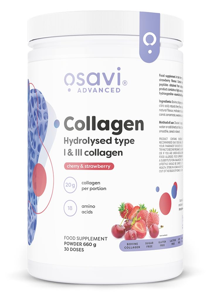 Osavi Collagen Peptides, Hydrolyzed Type 1 & 3 – Powder 600g | 20g Collagen per Serving | 18 Amino Acids, Including Glycine | Supports Muscles and Bones | Cherry & Strawberry Flavour | Easily Soluble