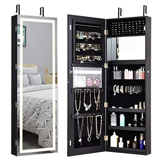 Giantex Jewelry Cabinet Box Armoire Door Wall Mount, Lockable Touch Screen Light Full Length Mirror 47.5in, Inside Makeup Mirrored Storage Jewelry Box Organizer with Lipstick Holder (Black)