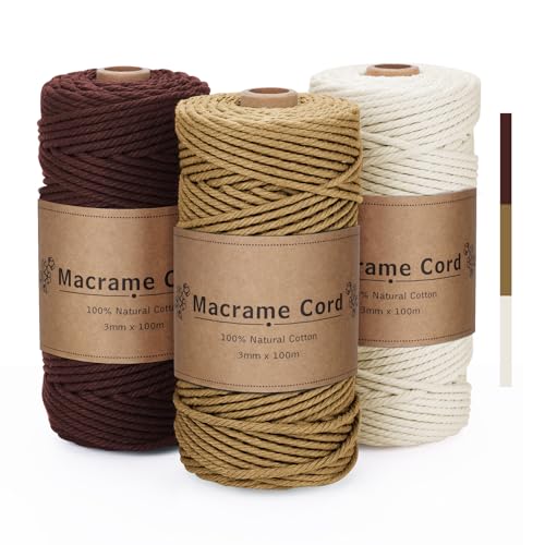 Hilo Macrame 3mm x 100m, Juego de 3 Cuerdas en Marrón, Mostaza y Beige | 300m Total Cuerda de Algodón Natural para Manualidades, Tapices y Decoración Bohemia
