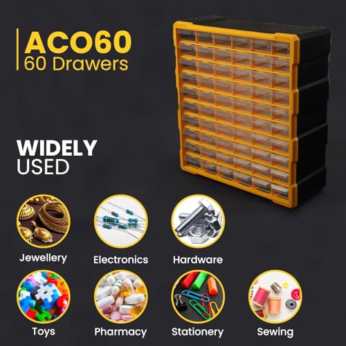 Image of Alkon ACO60 60-Drawer Plastic Component Organiser | Multipurpose Small Parts Storage Box for Jewellery, Electronics, Hardware, Pharmacy & DIY | Wall Mountable & Removable Dividers (Black & Yellow)