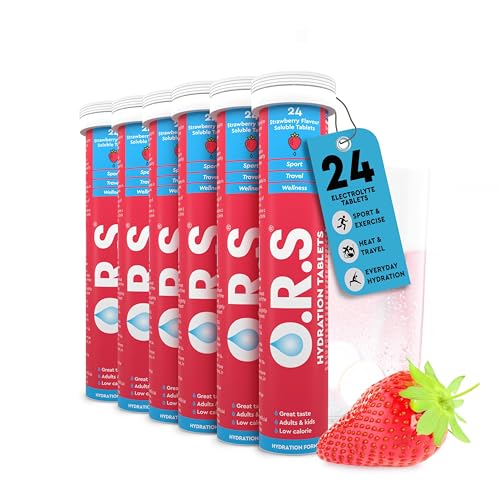 O.R.S Hydration Tablets with Electrolytes for Rehydration Wellness Travel Sports & Recovery | Vegan Gluten-Free & Low-Calorie Tablets Strawberry Flavour 144 Tablets (Pack of 6 x 24)