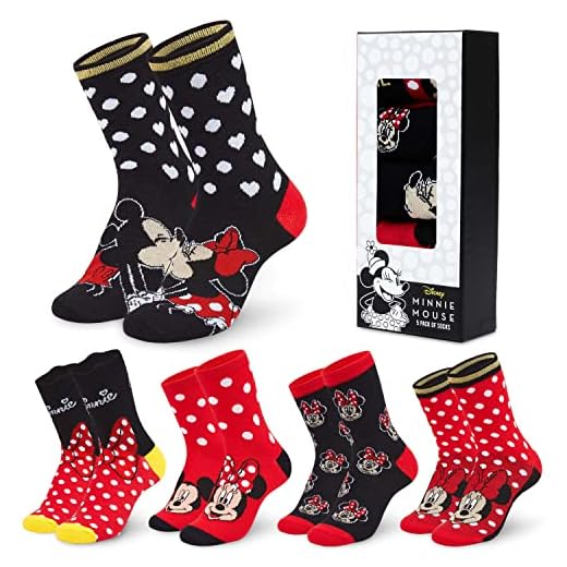 Disney Calcetines Mujer Divertidos, Pack de 5 Calcetines Mujer Mickey Minnie, Regalos Originales para Mujer (Negro/Rojo)