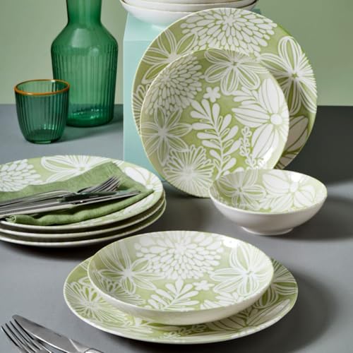 Elegante vajilla de 18 piezas, 100% porcelana, verde pistacho y blanco, apta para lavavajillas y microondas, perfecta para cualquier ocasión
