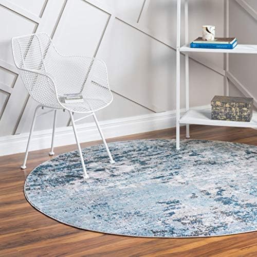Rugs.com Leipzig Collection Round Rug – 3 Ft Round Blue Low-Pile Rug Perfect for Kitchens, Dining Rooms