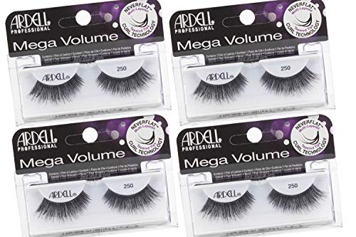 Ardell Mega Volume Lashes False Eyelashes 250 - Human Hair, Dramatic Full Strip Fluffy Wispy for a Glamorous Look, Black, 4 Pairs