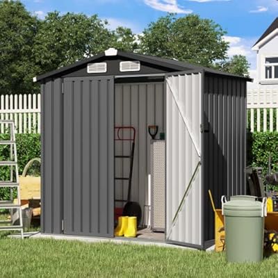 Verano Garden 6'x4' Outdoor Storage Shed, Galvanized Metal Steel Garden Shed W/Lockable Door, Bike Storage for Backyard, Patio, Lawn (72.05"x38.58"x77.17",Black)