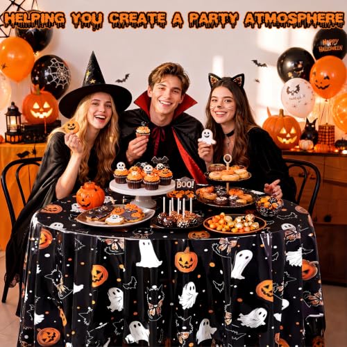 Image of Ganeen 6Pcs Halloween Plastic Tablecloths Pumpkin Black Cat Ghost Disposable Table Cover Halloween Party Decorations 84 Inch Plastic Round Table Covers Ghost Tablecloths Bulk for Baby Shower Party