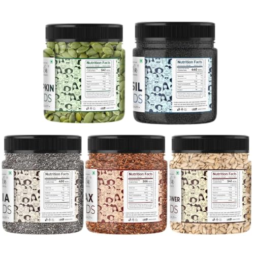 Image of LILA DRY FRUITS Pumpkin Sunflower Basil Chia Flax Seeds Combo Pack 100g x 5