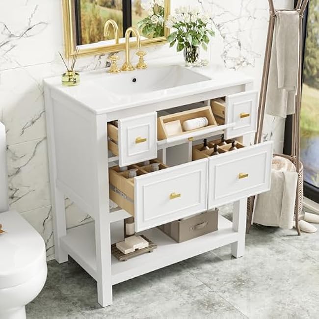 30 Inches White Bathroom Vanity with Ceramic Sink Combo, Free Standing Single Vanity Set with 5 Drawers, Solid Wood Frame, Modern Bathroom Storage Cabinet
