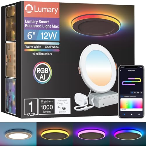 Image of Lumary 6 Inch Smart Recessed Lighting with RGBAI Gradient & Night Ring, 12W | 1000LM Canless Recessed Lights, Music Sync & Custom Scenes, Work with Alexa & Google Assistant, 1 Pack, for Game Room