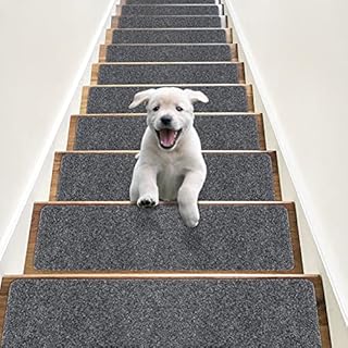 RIOLAND Non-Slip Stair Treads Carpet Indoor 14 Pack Stair Rugs for Wooden Steps Anti Moving Stair Runners Safety for Dogs Elders and Kids, 8” x 30”, Grey White