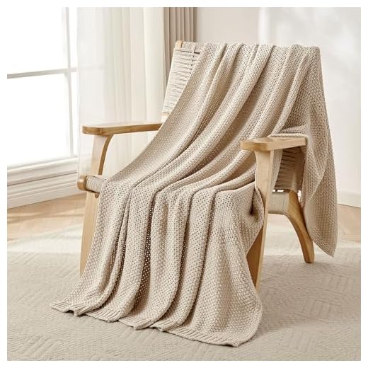 Joydeco Chunky Cable Knit Throw Blanket, Lightweight 100% Organic Cotton Soft Cozy Throw Twin Blanket for Couch Bed and Sofa, Rustic Breathable Farmhouse Blanket Gift for Women Men(Beige, 51"x63")