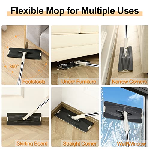 Jelymark Flacher Wischmopp und Eimer mit Auswringer-Set, trennt schmutziges und sauberes Wasser, 3-Kammer-Mopp nass und trocken, freihändige Quetschmopps für Bodenreinigung, 4 Wiederverwendbare – Bild 4