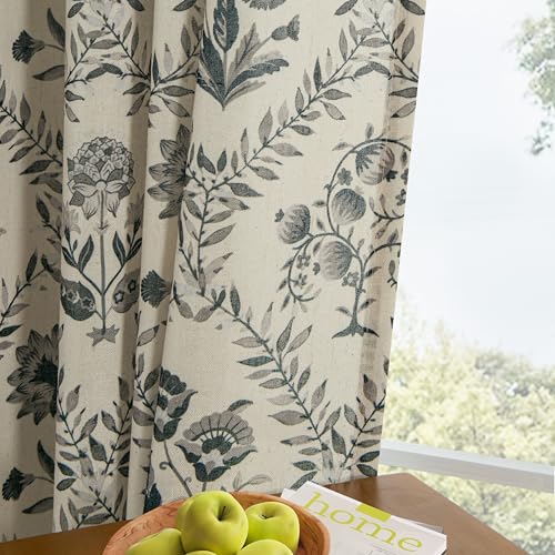 Image of Charcoal Floral Linen Curtains 63 Inch Length 2 Panels Set for Living Room | Blackish Green, Flower Plant, Semi Sheer, Back Tab, Rod Pocket, Farmhouse Boho, French Country, Window Drapes for Kitchen