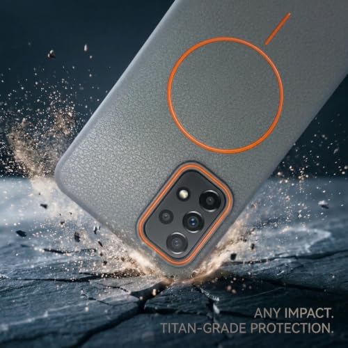 Image of amazon basics Luxury MagSafe Compatible Leather Texture Back Cover for Samsung Galaxy A73 5G | Raised Camera Protection | Slim Fit Shockproof Case with Metallic Accents (Gray)
